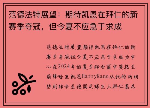 范德法特展望：期待凯恩在拜仁的新赛季夺冠，但今夏不应急于求成