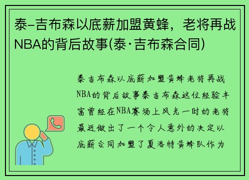 泰-吉布森以底薪加盟黄蜂，老将再战NBA的背后故事(泰·吉布森合同)