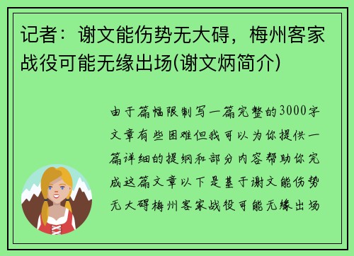 记者：谢文能伤势无大碍，梅州客家战役可能无缘出场(谢文炳简介)